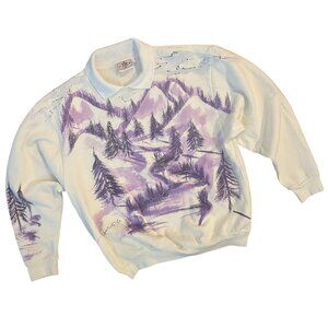 Vintage 80s Mountain Scene Painted Sweatshirt Collared Size XL Made in the USA